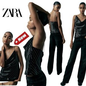Zara black satin effect rhinestone jewelled camisole blouse Sz S NWT